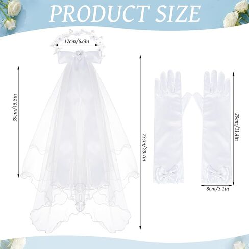 2 Pcs Girls First Communion Veil and Gloves Set White Bowknot Floral Veil Holy Communion Accessories Flower Crown Hair Wreath for Wedding Party in Kuwait