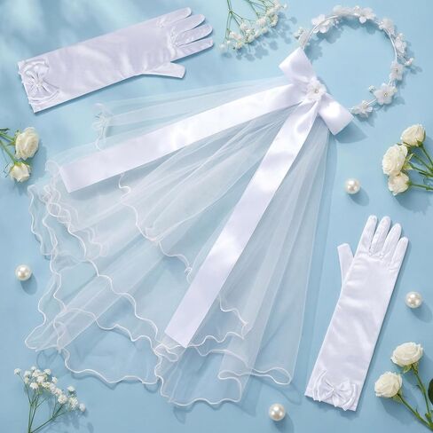 2 Pcs Girls First Communion Veil and Gloves Set White Bowknot Floral Veil Holy Communion Accessories Flower Crown Hair Wreath for Wedding Party in Kuwait