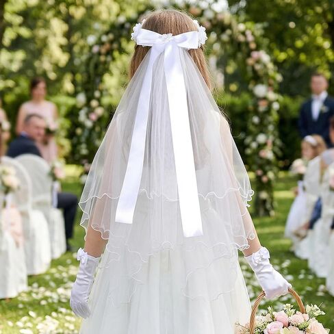 2 Pcs Girls First Communion Veil and Gloves Set White Bowknot Floral Veil Holy Communion Accessories Flower Crown Hair Wreath for Wedding Party in Kuwait