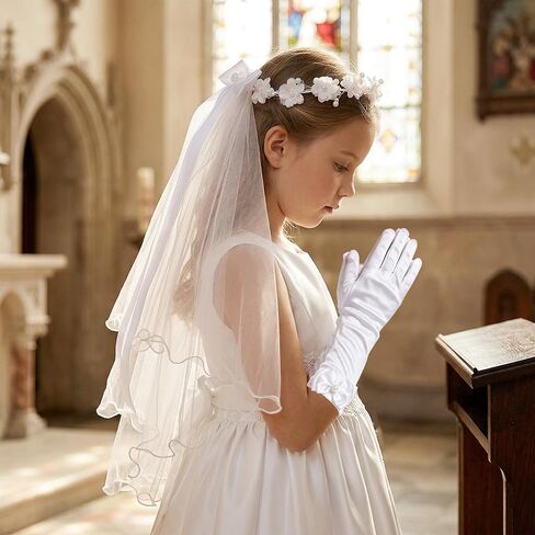 2 Pcs Girls First Communion Veil and Gloves Set White Bowknot Floral Veil Holy Communion Accessories Flower Crown Hair Wreath for Wedding Party in Kuwait