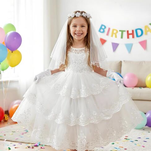 2 Pcs Girls First Communion Veil and Gloves Set White Bowknot Floral Veil Holy Communion Accessories Flower Crown Hair Wreath for Wedding Party in Kuwait