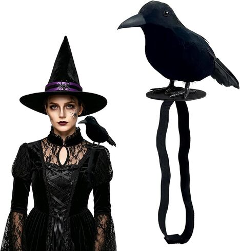 Black Feathered Crow Statue Crow on Shoulder with Elastic Strap for Outdoor Bird Props Halloween Cosplay Party in Saudi Arabia