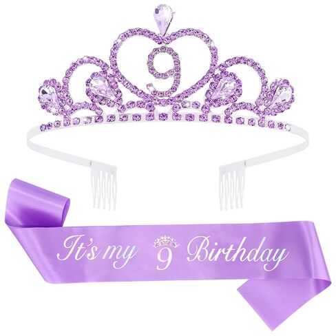 CUBACO 9th Birthday Crown Headband and Sash, 9 Year Old Girl Birthday Gifts for Purple Princess Crown, Purple Party Decorations Favors for Girls Outfit in Saudi Arabia