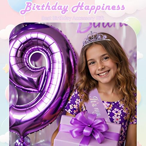 CUBACO 9th Birthday Crown Headband and Sash, 9 Year Old Girl Birthday Gifts for Purple Princess Crown, Purple Party Decorations Favors for Girls Outfit in Saudi Arabia