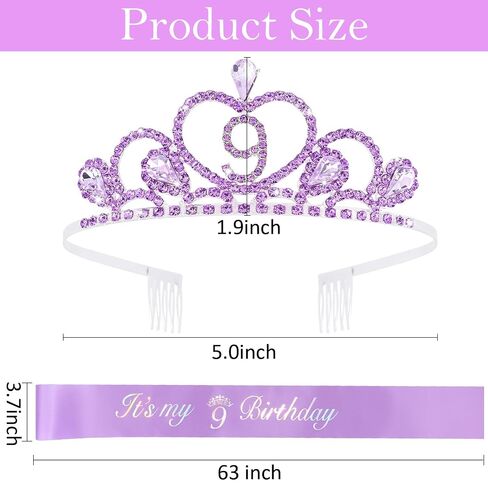CUBACO 9th Birthday Crown Headband and Sash, 9 Year Old Girl Birthday Gifts for Purple Princess Crown, Purple Party Decorations Favors for Girls Outfit in Saudi Arabia