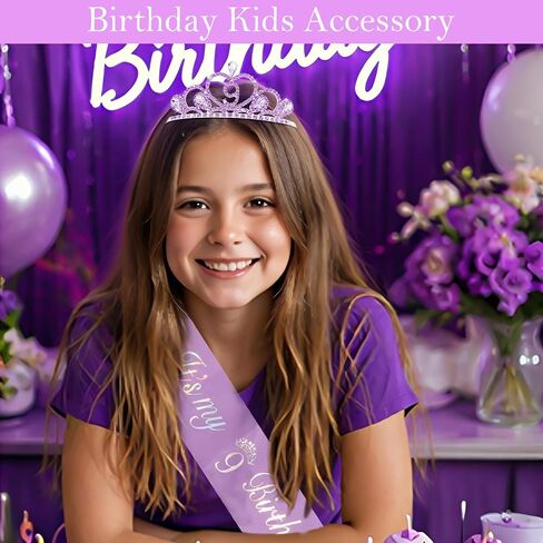 CUBACO 9th Birthday Crown Headband and Sash, 9 Year Old Girl Birthday Gifts for Purple Princess Crown, Purple Party Decorations Favors for Girls Outfit in Saudi Arabia