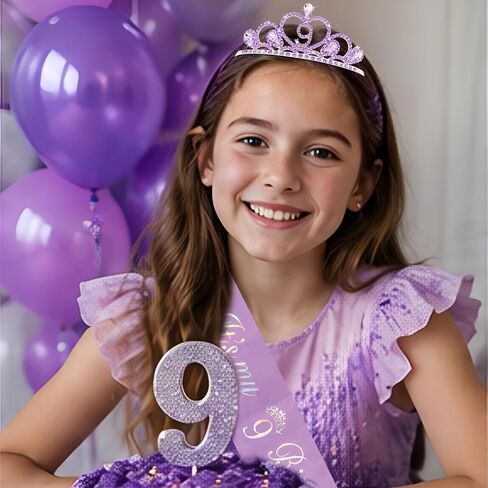 CUBACO 9th Birthday Crown Headband and Sash, 9 Year Old Girl Birthday Gifts for Purple Princess Crown, Purple Party Decorations Favors for Girls Outfit in Saudi Arabia