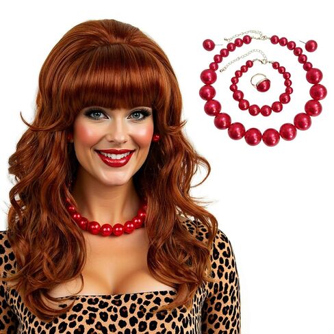 Copper Red Long Curly Beehive Wig with Red Pearl Necklace Vintage Wig with bangs for Women Costume Cosplay Fancy Dress 60s 70s Retro Wigs in Kuwait