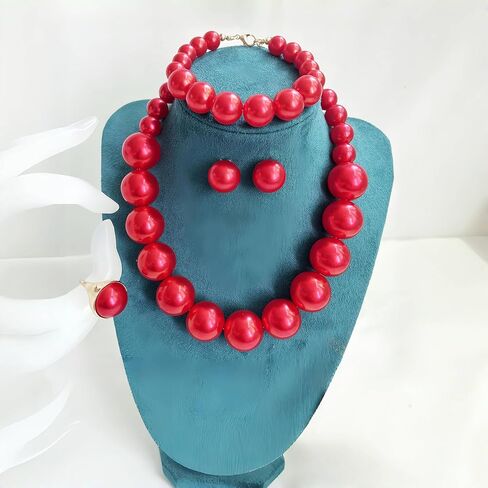 Copper Red Long Curly Beehive Wig with Red Pearl Necklace Vintage Wig with bangs for Women Costume Cosplay Fancy Dress 60s 70s Retro Wigs in Kuwait