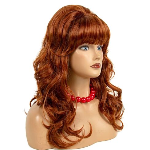 Copper Red Long Curly Beehive Wig with Red Pearl Necklace Vintage Wig with bangs for Women Costume Cosplay Fancy Dress 60s 70s Retro Wigs in Kuwait