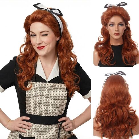 Copper Red Long Curly Beehive Wig with Red Pearl Necklace Vintage Wig with bangs for Women Costume Cosplay Fancy Dress 60s 70s Retro Wigs in Kuwait