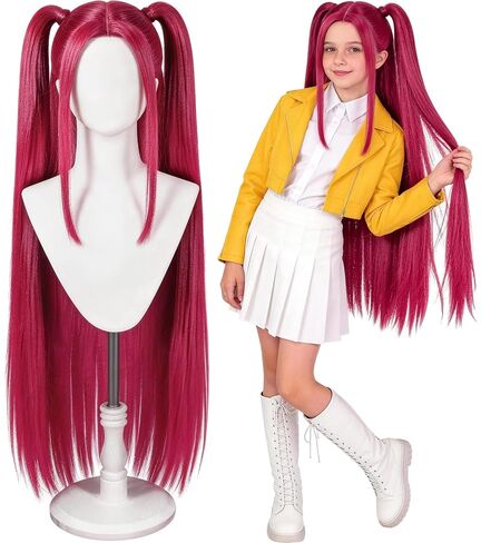 Long Straight Hot Pink Cosplay Wig for Kids with 2 Ponytails - Synthetic Anime Red Wigs for Halloween, Carnival, Costume Parties in Saudi Arabia