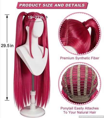 Long Straight Hot Pink Cosplay Wig for Kids with 2 Ponytails - Synthetic Anime Red Wigs for Halloween, Carnival, Costume Parties in Saudi Arabia