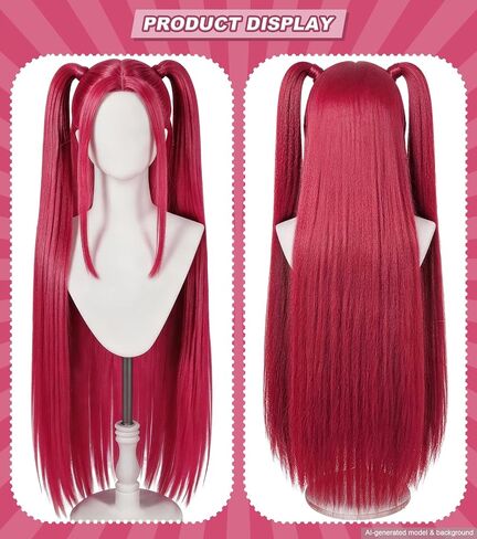 Long Straight Hot Pink Cosplay Wig for Kids with 2 Ponytails - Synthetic Anime Red Wigs for Halloween, Carnival, Costume Parties in Saudi Arabia