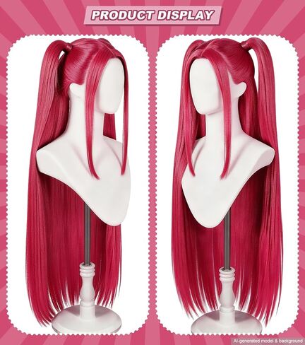 Long Straight Hot Pink Cosplay Wig for Kids with 2 Ponytails - Synthetic Anime Red Wigs for Halloween, Carnival, Costume Parties in Saudi Arabia
