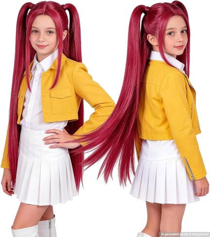 Long Straight Hot Pink Cosplay Wig for Kids with 2 Ponytails - Synthetic Anime Red Wigs for Halloween, Carnival, Costume Parties in Saudi Arabia