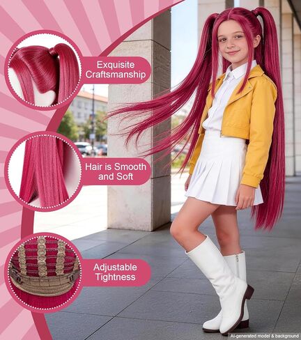Long Straight Hot Pink Cosplay Wig for Kids with 2 Ponytails - Synthetic Anime Red Wigs for Halloween, Carnival, Costume Parties in Saudi Arabia