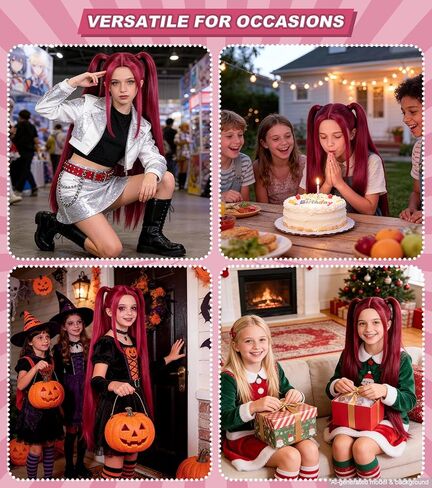 Long Straight Hot Pink Cosplay Wig for Kids with 2 Ponytails - Synthetic Anime Red Wigs for Halloween, Carnival, Costume Parties in Saudi Arabia