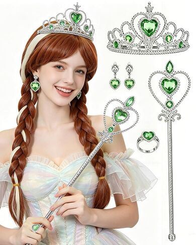 27inch Princess Wig Accessory Brown Braided Wigs with Bangs Crown Magic Wand Earrings Ring Long Ponytail Wigs for Women with Cosplay Accessories Halloween Birthday Party Costume + Wig Cap in Saudi Arabia