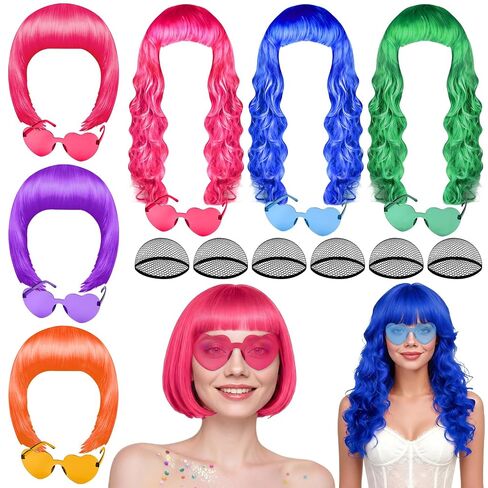 PLULON 18 Pcs Short Bob Wigs Long Curly Hair with Heart Sunglasses and Hair Cap for Women, Neon Wig Colored Fun Cosplay Hairpieces for Women Men Daily Bachelorette Halloween Costume Party Decorations in Kuwait