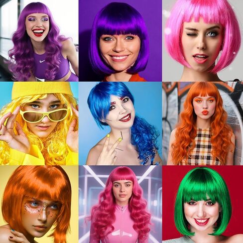 PLULON 18 Pcs Short Bob Wigs Long Curly Hair with Heart Sunglasses and Hair Cap for Women, Neon Wig Colored Fun Cosplay Hairpieces for Women Men Daily Bachelorette Halloween Costume Party Decorations in Kuwait