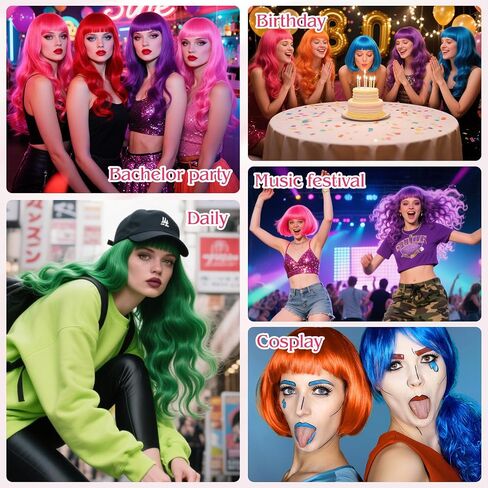 PLULON 18 Pcs Short Bob Wigs Long Curly Hair with Heart Sunglasses and Hair Cap for Women, Neon Wig Colored Fun Cosplay Hairpieces for Women Men Daily Bachelorette Halloween Costume Party Decorations in Kuwait