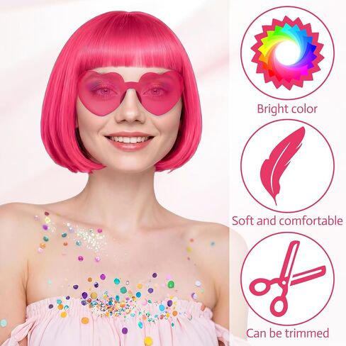 PLULON 18 Pcs Short Bob Wigs Long Curly Hair with Heart Sunglasses and Hair Cap for Women, Neon Wig Colored Fun Cosplay Hairpieces for Women Men Daily Bachelorette Halloween Costume Party Decorations in Kuwait