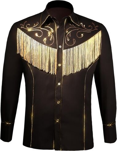 Men's Western Cowboy Fringe Long Sleeve Gold Sequin Embroidered Casual Slim Fit Button Down Shirt in Kuwait