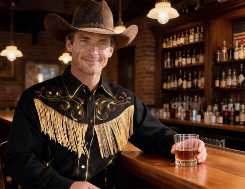 Men's Western Cowboy Fringe Long Sleeve Gold Sequin Embroidered Casual Slim Fit Button Down Shirt in Kuwait