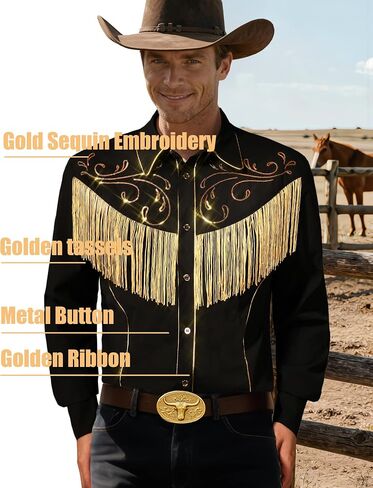 Men's Western Cowboy Fringe Long Sleeve Gold Sequin Embroidered Casual Slim Fit Button Down Shirt in Kuwait