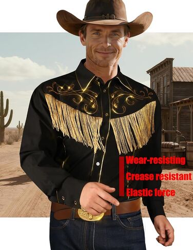 Men's Western Cowboy Fringe Long Sleeve Gold Sequin Embroidered Casual Slim Fit Button Down Shirt in Kuwait