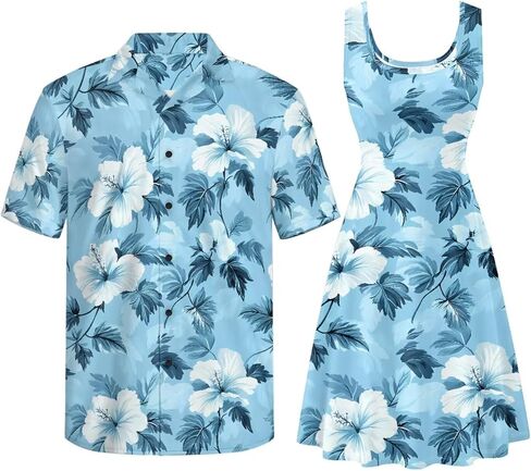 Gomyblomy Matching Hawaiian Outfits for Couples Vacation Tropical Floral Women Dress Mens Shirts His and Hers Clothing in Saudi Arabia