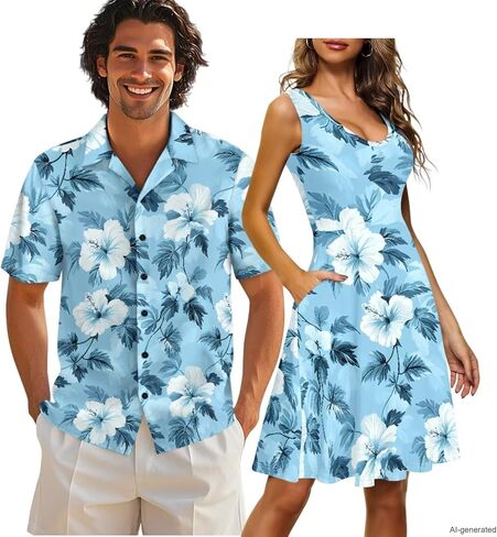 Gomyblomy Matching Hawaiian Outfits for Couples Vacation Tropical Floral Women Dress Mens Shirts His and Hers Clothing in Saudi Arabia