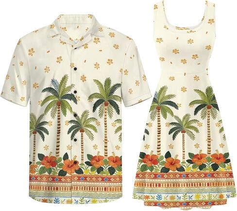 Gomyblomy Matching Hawaiian Outfits for Couples Vacation Tropical Floral Women Dress Mens Shirts His and Hers Clothing in Saudi Arabia