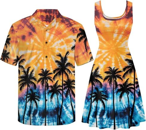 Gomyblomy Matching Hawaiian Outfits for Couples Vacation Tropical Floral Women Dress Mens Shirts His and Hers Clothing in Saudi Arabia