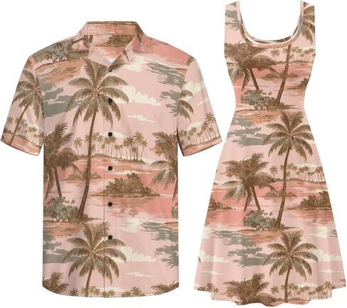 Gomyblomy Matching Hawaiian Outfits for Couples Vacation Tropical Floral Women Dress Mens Shirts His and Hers Clothing in Saudi Arabia