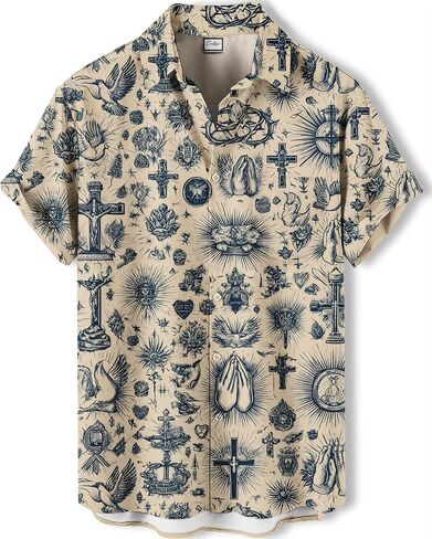 Men's Novelty Print Short Sleeve Shirt, Casual Button Down Summer Top, Funny Graphic Pattern Design in Saudi Arabia