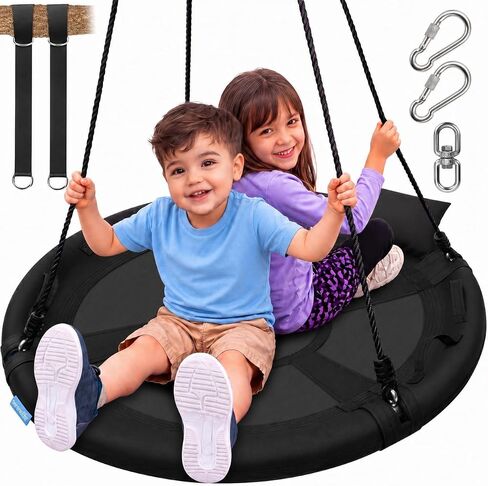 SereneLife Saucer Swing with Hang Kit, Outdoor Tree Swing with Swivel Spinner for Kids (Black) in Kuwait