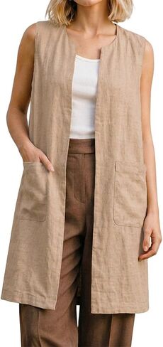 IDEALSANXUN Long Linen Vest for Women Summer Lightweight Sleeveless Blazer Jacket Trench Coat Open Front Cardigan Waistcoat in Kuwait