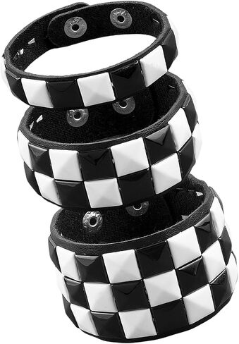 3 Pcs Black White Checkered Punk Leather Cuff Bracelet Gothic Studded Adjustable Wristband for Men Women Halloween Gothic Accessories in Saudi Arabia