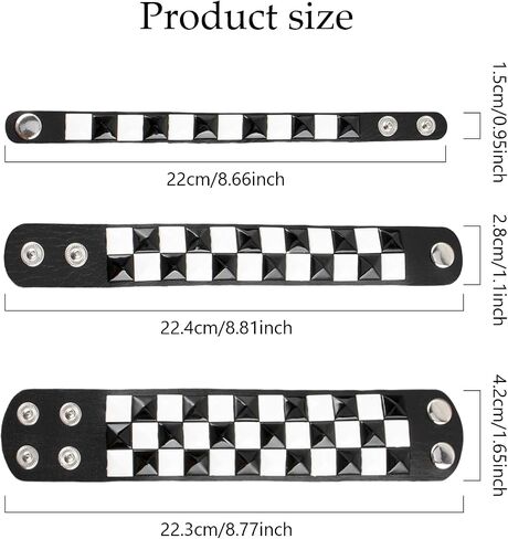 3 Pcs Black White Checkered Punk Leather Cuff Bracelet Gothic Studded Adjustable Wristband for Men Women Halloween Gothic Accessories in Saudi Arabia