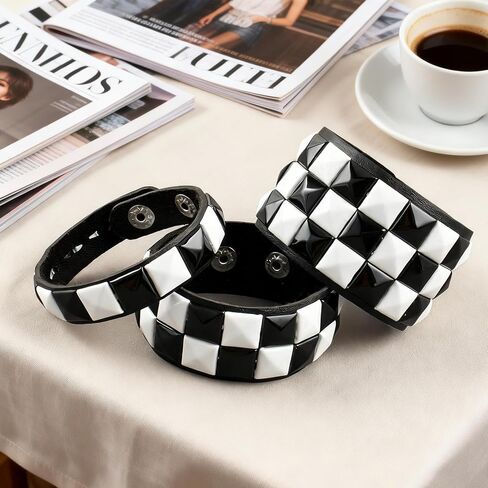 3 Pcs Black White Checkered Punk Leather Cuff Bracelet Gothic Studded Adjustable Wristband for Men Women Halloween Gothic Accessories in Saudi Arabia
