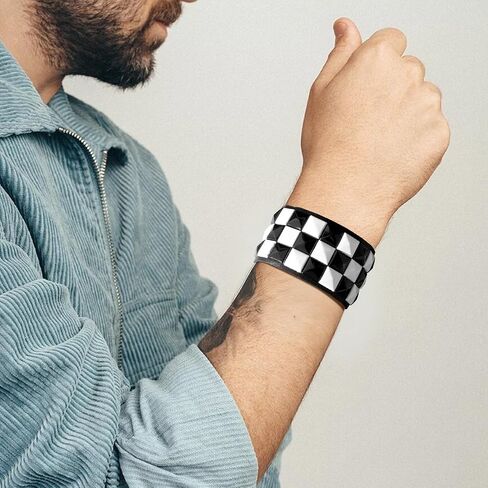 3 Pcs Black White Checkered Punk Leather Cuff Bracelet Gothic Studded Adjustable Wristband for Men Women Halloween Gothic Accessories in Saudi Arabia