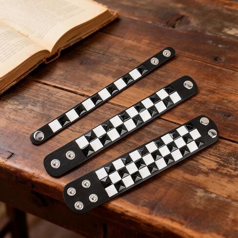 3 Pcs Black White Checkered Punk Leather Cuff Bracelet Gothic Studded Adjustable Wristband for Men Women Halloween Gothic Accessories in Saudi Arabia