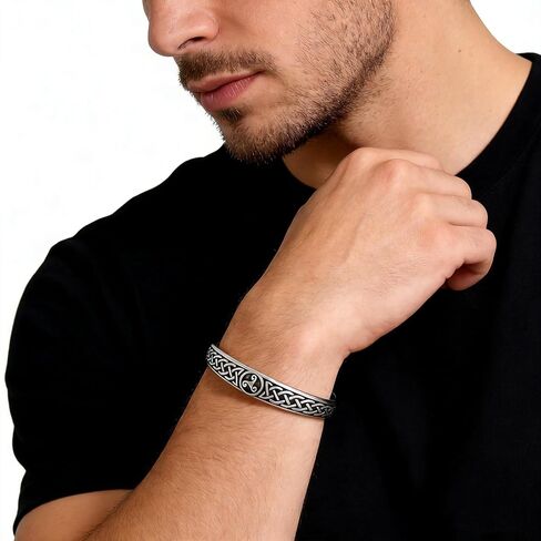 HZMAN Vintage Celtic Knot & Triskelion Stainless Steel Open Cuff Bracelet - Intricate Weave Celtic Cultural Jewelry for Men Women, Retro Statement Bracelet, Ideal Gift for Celtic Enthusiasts in Kuwait