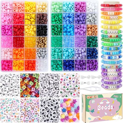QUEFE 2350pcs, 64 Colors, Pony Beads for Bracelet Making Kit, Rainbow Kandi Beads Friendship Bracelet Kit, Letter Beads and Elastic Strings for Bracelet Necklace Making, Craft Gifts Set for Girls in Kuwait