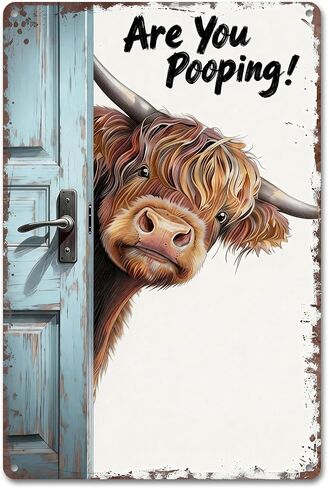 Funny Highland Cow Bathroom Sign - "Are You Pooping" Metal Tin Wall Art - Rustic Farmhouse Restroom Decor, Gag Gifts 8x12 Inch（26002） in Saudi Arabia