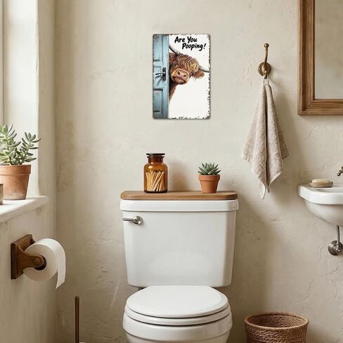 Funny Highland Cow Bathroom Sign - "Are You Pooping" Metal Tin Wall Art - Rustic Farmhouse Restroom Decor, Gag Gifts 8x12 Inch（26002） in Saudi Arabia