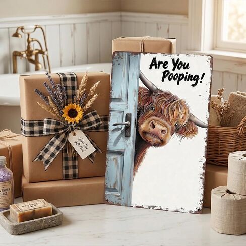 Funny Highland Cow Bathroom Sign - "Are You Pooping" Metal Tin Wall Art - Rustic Farmhouse Restroom Decor, Gag Gifts 8x12 Inch（26002） in Saudi Arabia