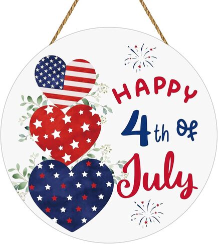 4th of July Decorations Patriotic Decorations Heart Patriotic Wreath Hanging Sign Wooden Happy 4th of July Wreaths for Front Door Decorations for Memorial Day Fourth of July Wall Indoor Home Decor in Kuwait